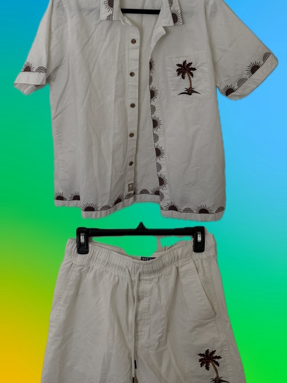 White Palm-Embroidered Kids' Short Set